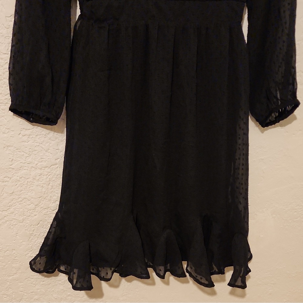 LOFT Black Polka Dot‎ Chiffon V-Neck Long Sleeve Ruffle Hem Dress Size 2 - Picture 4 of 6